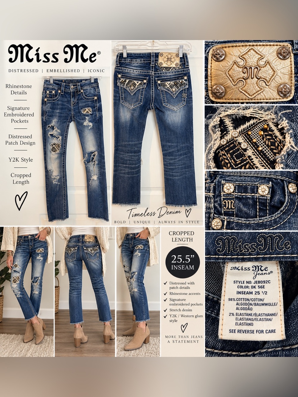 Miss Me Distressed Embellished Jeans Y2K Rhinestone Patch Denim